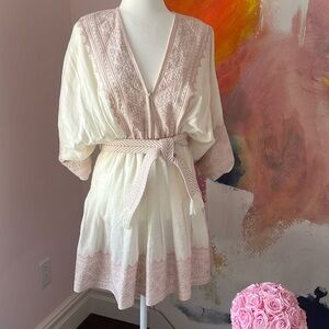 Zimmermann sun dress in ivory linen and blush embroidery. Size 0